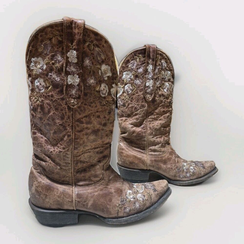 Cavenders Cowgirl Boots Women's sz 6.5B Brown Leather Floral Embroidery Snip Toe